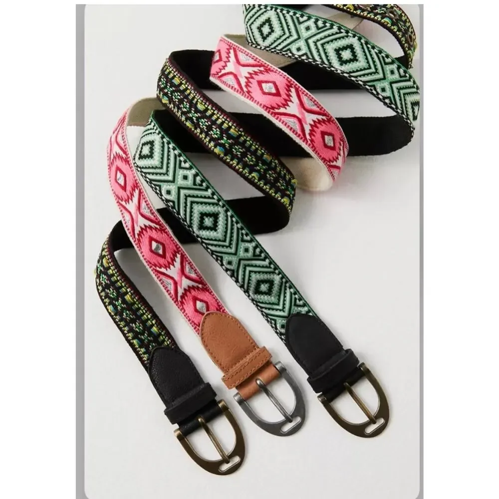 Free People Moving To Mars Cotton Leather Aztec Print Belt Green Size XS/S